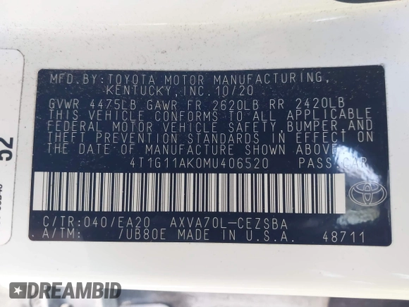 2021 Toyota Camry SE Nightshade with VIN 4T1G11AK0MU406520, listed as a IAAI auction lot 41536834 with 76,711 mi miles and . Bid and sale history available at DreamBid. Image 9.