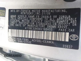 2006 Toyota Camry STD z VIN 4T1BE32K66U160455, wystawiony jako IAAI lot #41825645 z przebiegiem 195 926 mil mil oraz . Historia ofert i sprzedaży dostępna na DreamBid. Obrazek 9.