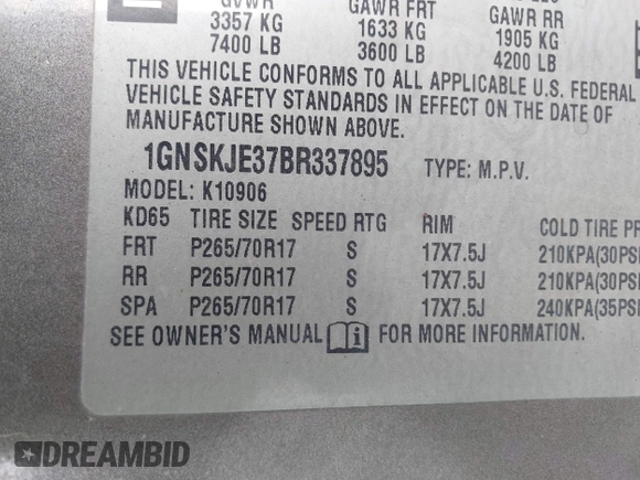 2011 Chevrolet Suburban LT with VIN 1GNSKJE37BR337895, listed as a IAAI auction lot 42171238 with 228,327 mi miles and . Bid and sale history available at DreamBid. Image 9.