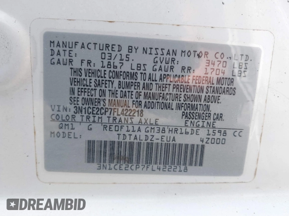 2015 Nissan Note SR with VIN 3N1CE2CP7FL422218, listed as a IAAI auction lot 41520848 with 195,204 mi miles and . Bid and sale history available at DreamBid. Image 9.