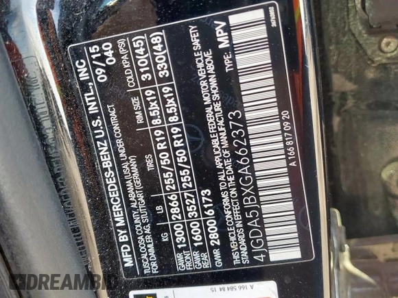 2016 Mercedes-Benz GLE 350 with VIN 4JGDA5JBXGA662373, listed as a Copart auction lot 59369875 with 178,384 mi miles and Salvage title. Bid and sale history available at DreamBid. Image 13.