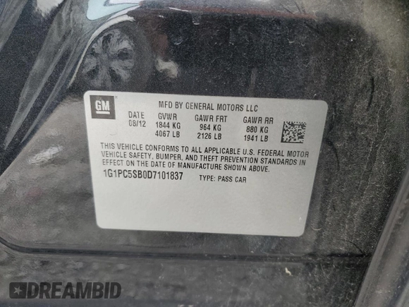 2013 Chevrolet Cruze 1LT with VIN 1G1PC5SB0D7101837, listed as a Copart auction lot 46630975 with 146,648 mi miles and Salvage Title. Bid and sale history available at carsss.com. Image 13.