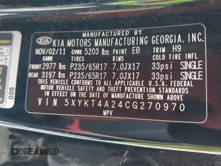 2012 Kia Sorento LX with VIN 5XYKT4A24CG270970, listed as a IAAI auction lot 41990293 with 135,769 mi miles. Bid and sale history available at carsss.com. Image 9.