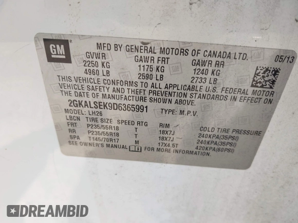2013 GMC Terrain SLE with VIN 2GKALSEK9D6365991, listed as a IAAI auction lot 41992612 with 151,265 mi miles. Bid and sale history available at carsss.com. Image 9.