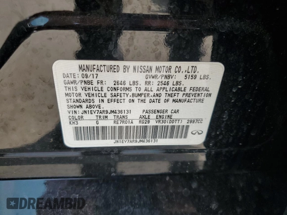 2018 Infiniti Q50 Luxe with VIN JN1EV7AR9JM436131, listed as a Copart auction lot 61730475 with 121,452 mi miles and Salvage title. Bid and sale history available at DreamBid. Image 12.