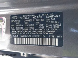 2020 Hyundai Tucson SEL with VIN KM8J3CAL6LU196105, listed as a IAAI auction lot 41589084 with 50,806 mi miles. Bid and sale history available at carsss.com. Image 9.