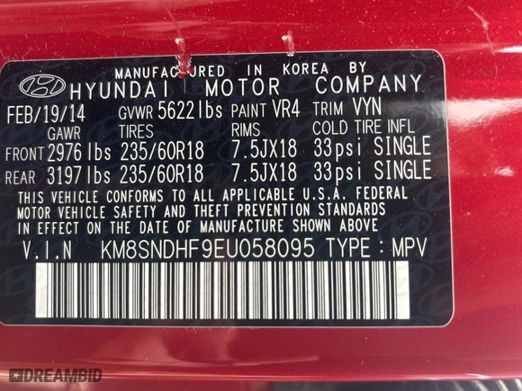 2014 Hyundai Santa Fe Limited with VIN KM8SNDHF9EU058095, listed as a Copart auction lot 52793425 with 107,276 mi miles and Clean Title. Bid and sale history available at carsss.com. Image 10.