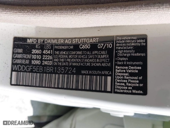 2011 Mercedes-Benz C-Class C 300 Sport with VIN WDDGF5EB1BR135724, listed as a IAAI auction lot 41905118 with 167,112 mi miles. Bid and sale history available at carsss.com. Image 9.