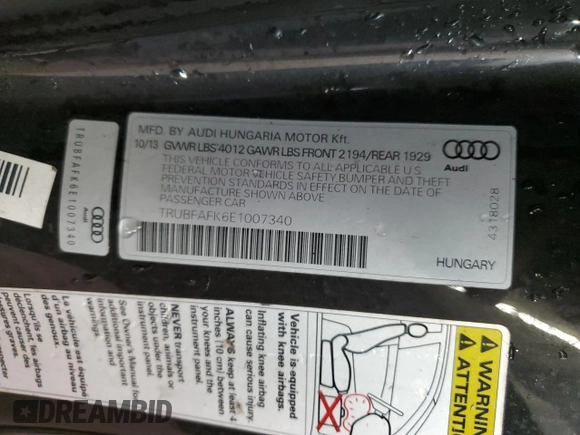 2014 Audi TT 2.0T with VIN TRUBFAFK6E1007340, listed as a Copart auction lot 73573484 with 0 mi miles and Salvage Title. Bid and sale history available at carsss.com. Image 13.