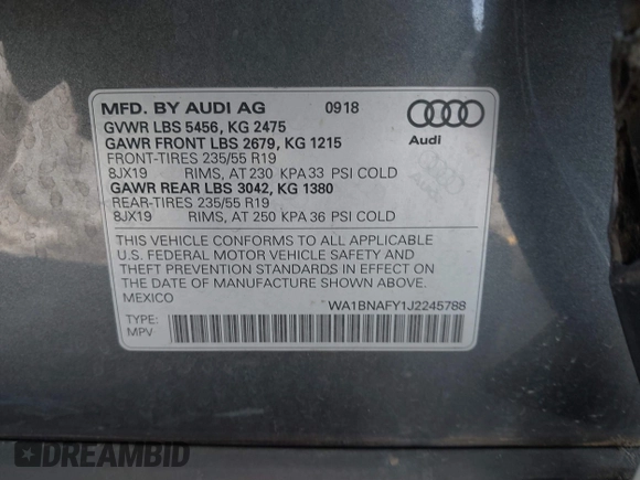 2018 Audi Q5 Premium Plus with VIN WA1BNAFY1J2245788, listed as a IAAI auction lot 41761858 with 76,571 mi miles. Bid and sale history available at carsss.com. Image 9.