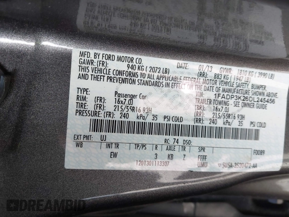 2013 Ford Focus SE with VIN 1FADP3K26DL245456, listed as a IAAI auction lot 41916229 with 164,737 mi miles and . Bid and sale history available at DreamBid. Image 9.