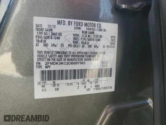 2013 Ford Edge Limited with VIN 2FMDK3KC2DBB57503, listed as a Copart auction lot 52300065 with 109,910 mi miles and Salvage Title. Bid and sale history available at carsss.com. Image 15.