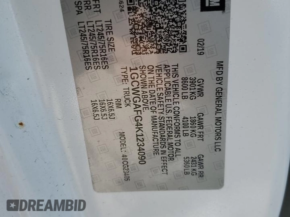 2019 Chevrolet Express Cargo with VIN 1GCWGAFG4K1234090, listed as a Copart auction lot 59241115 with 142,307 mi miles and Salvage title. Bid and sale history available at DreamBid. Image 13.