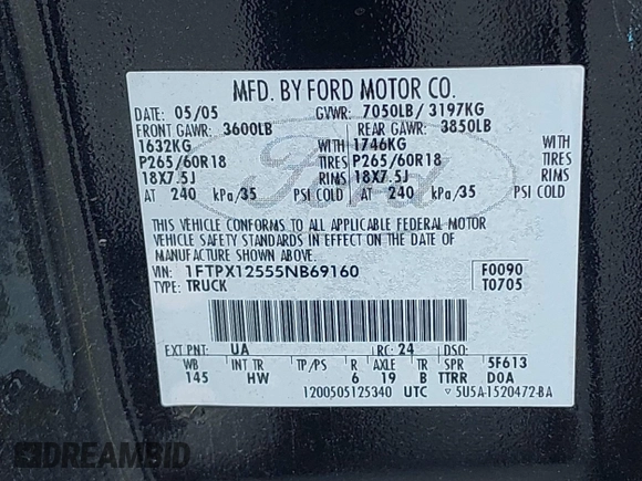 2005 Ford F-150 XLT с VIN 1FTPX12555NB69160, выставлен на аукционе IAAI как лот 42769918 с пробегом 191 407 миль миль и . История ставок и продаж доступна на DreamBid. Изображение 9.