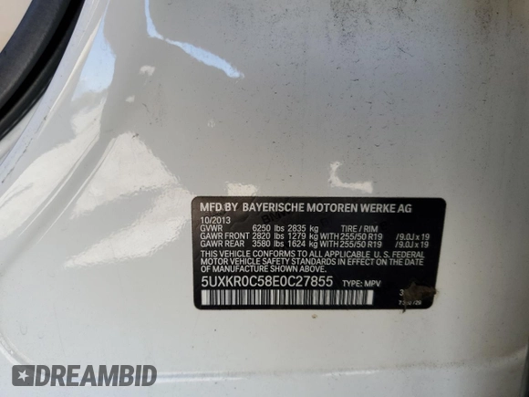2014 BMW X5 xDrive35i with VIN 5UXKR0C58E0C27855, listed as a Copart auction lot 52254595 with 134,259 mi miles and Clean Title. Bid and sale history available at carsss.com. Image 13.