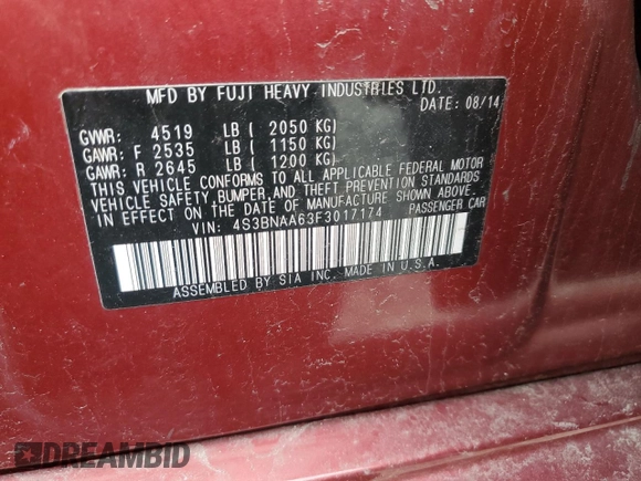 2015 Subaru Legacy 2.5i z VIN 4S3BNAA63F3017174, wystawiony jako Copart lot #54704675 z przebiegiem 59 452 mil mil oraz Szkoda całkowita • Salvage title. Historia ofert i sprzedaży dostępna na DreamBid. Obrazek 12.