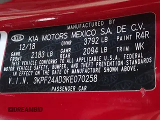 2019 Kia Forte LXS with VIN 3KPF24AD3KE070258, listed as a IAAI auction lot 42483907 with 58,195 mi miles and . Bid and sale history available at DreamBid. Image 9.