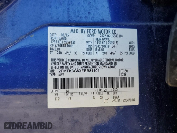 2015 Ford Edge SE z VIN 2FMTK3G8XFBB81101, wystawiony jako Copart lot #50248595 z przebiegiem 106 793 mil mil oraz Szkoda całkowita • Salvage title. Historia ofert i sprzedaży dostępna na DreamBid. Obrazek 15.