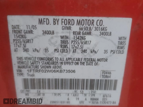 2006 Ford F-150 STX with VIN 1FTRF02W06KB73506, listed as a Copart auction lot 86136594 with 0 mi miles and Salvage Title. Bid and sale history available at carsss.com. Image 12.