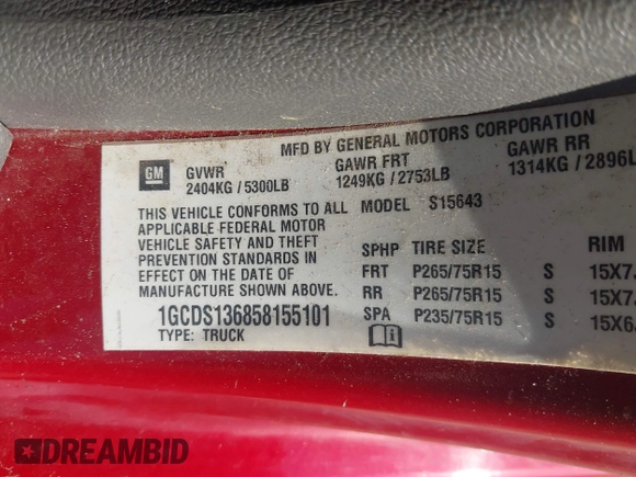2005 Chevrolet Colorado 1SE LS Z71 z VIN 1GCDS136858155101, wystawiony jako IAAI lot #42012725 z przebiegiem 110 558 mil mil oraz . Historia ofert i sprzedaży dostępna na DreamBid. Obrazek 9.