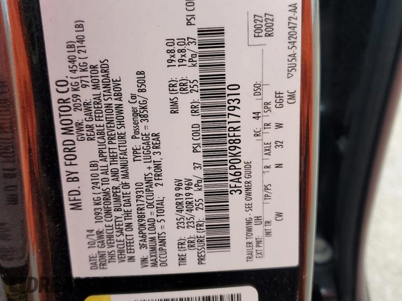2015 Ford Fusion Titanium with VIN 3FA6P0K98FR179310, listed as a Copart auction lot 50294555 with 175,515 mi miles and Salvage Title. Bid and sale history available at carsss.com. Image 12.