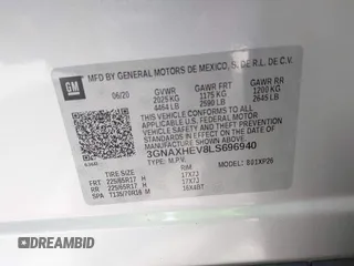 2020 Chevrolet Equinox LS z VIN 3GNAXHEV8LS696940, wystawiony jako IAAI lot #42153761 z przebiegiem 60 309 mil mil oraz . Historia ofert i sprzedaży dostępna na DreamBid. Obrazek 9.