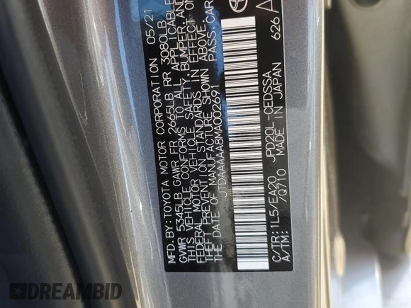 2021 Toyota Mirai XLE with VIN JTDAAAAA8MA002691, listed as a Copart auction lot 57181465 with 29,313 mi miles and Salvage title. Bid and sale history available at DreamBid. Image 13.
