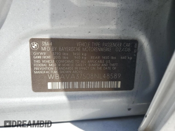 2008 BMW 3 Series 328i with VIN WBAVA37508NL48589, listed as a Copart auction lot 54542995 with 170,035 mi miles and Salvage Title. Bid and sale history available at DreamBid. Image 12.