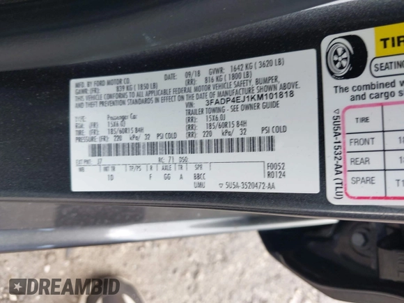 2019 Ford Fiesta SE with VIN 3FADP4EJ1KM101818, listed as a IAAI auction lot 41956641 with 40,493 mi miles. Bid and sale history available at carsss.com. Image 9.