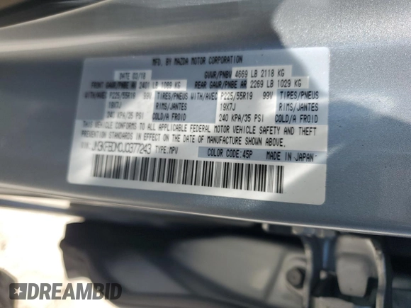 2018 Mazda CX-5 Grand Touring with VIN JM3KFBDM0J0377243, listed as a Copart auction lot 62199295 with 37,930 mi miles and Salvage title. Bid and sale history available at DreamBid. Image 14.