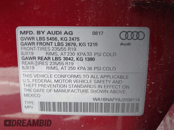 2018 Audi Q5 Premium Plus z VIN WA1BNAFY9J2038114, wystawiony jako IAAI lot #42323581 z przebiegiem 78 879 mil mil oraz . Historia ofert i sprzedaży dostępna na DreamBid. Obrazek 9.