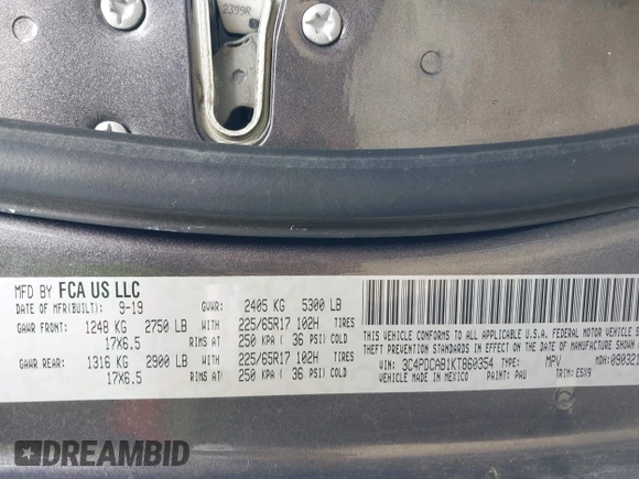 2019 Dodge Journey SE Value with VIN 3C4PDCAB1KT860354, listed as a IAAI auction lot 40605889 with 137,346 mi miles and . Bid and sale history available at DreamBid. Image 9.