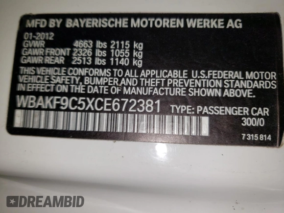 2012 BMW 3 Series 335i xDrive with VIN WBAKF9C5XCE672381, listed as a Copart auction lot 52201385 with 69,226 mi miles and Clean Title. Bid and sale history available at carsss.com. Image 12.