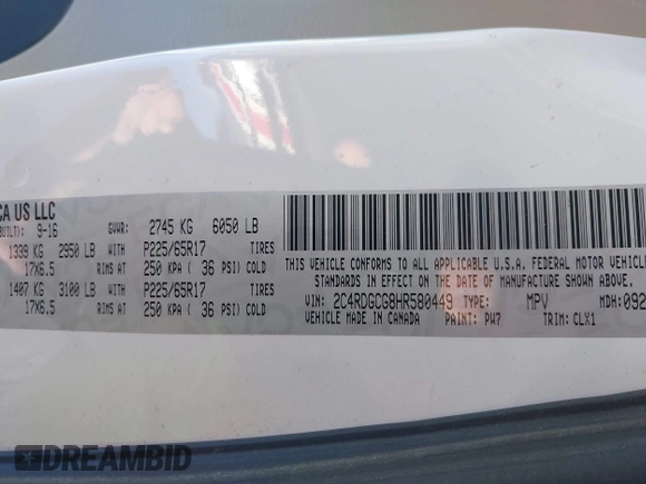 2017 Dodge Grand Caravan SXT with VIN 2C4RDGCG8HR580449, listed as a IAAI auction lot 41950877 with 130,753 mi miles and . Bid and sale history available at DreamBid. Image 9.