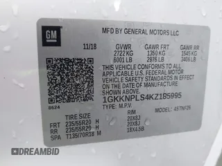 2019 GMC Acadia Denali with VIN 1GKKNPLS4KZ185995, listed as a IAAI auction lot 42110820 with 130,617 mi miles and . Bid and sale history available at carsss.com. Image 9.
