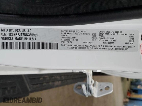 2022 Ram 1500 Laramie with VIN 1C6SRFJT7NN365951, listed as a Copart auction lot 52348575 with Not provided miles and Non repairable. Bid and sale history available at DreamBid. Image 13.