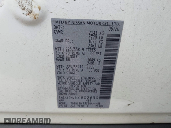 2020 Nissan Rogue S with VIN 5N1AT2MV4LC802630, listed as a IAAI auction lot 41099311 with 47,321 mi miles and . Bid and sale history available at DreamBid. Image 9.