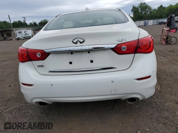 2014 Infiniti Q50 Premium with VIN JN1BV7AR1EM681496, listed as a Copart auction lot 61823625 with 53,261 mi miles and Salvage title. Bid and sale history available at DreamBid. Image 6.