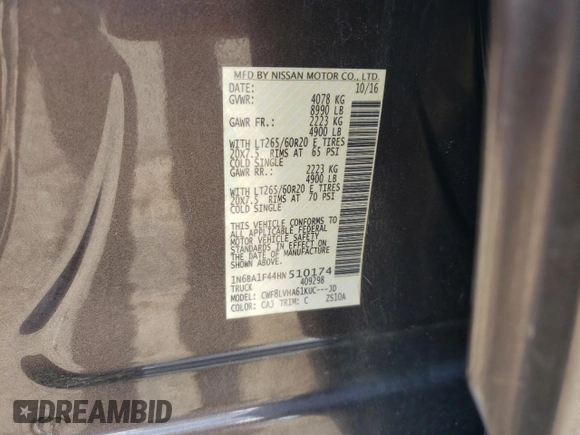 2017 Nissan Titan XD SL with VIN 1N6BA1F44HN510174, listed as a Copart auction lot 63245694 with 121,868 mi miles and Salvage Title. Bid and sale history available at carsss.com. Image 15.