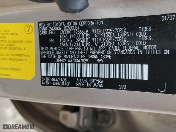 2007 Toyota Highlander with VIN JTEHD21A370047829, listed as a Copart auction lot 47278735 with 223,298 mi miles and Non Repairable. Bid and sale history available at carsss.com. Image 13.