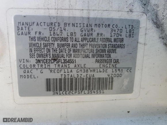 2015 Nissan Versa Note SV with VIN 3N1CE2CP5FL354551, listed as a Copart auction lot 48418565 with 112,482 mi miles and Salvage Title. Bid and sale history available at carsss.com. Image 14.
