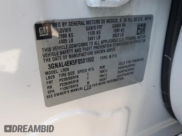 2015 Chevrolet Captiva Sport LTZ with VIN 3GNAL4EK5FS501892, listed as a Copart auction lot 89348865 with 102,078 mi miles and Clean Title. Bid and sale history available at DreamBid. Image 13.