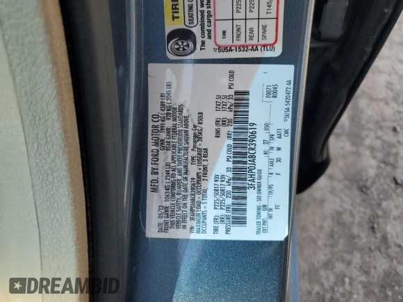 2012 Ford Fusion SEL with VIN 3FAHP0JA8CR390619, listed as a Copart auction lot 53963295 with 220,387 mi miles and Clean Title. Bid and sale history available at carsss.com. Image 12.