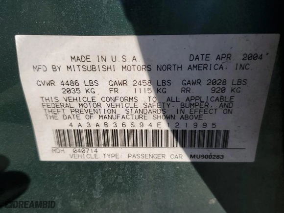 2004 Mitsubishi Galant LS with VIN 4A3AB36S94E121995, listed as a Copart auction lot 69100864 with 0 mi miles and Salvage Title. Bid and sale history available at carsss.com. Image 14.