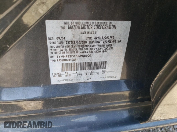 2005 Mazda 6 Sport S with VIN 1YVHP82D155M08900, listed as a Copart auction lot 54973495 with 163,244 mi miles and Clean Title. Bid and sale history available at DreamBid. Image 12.