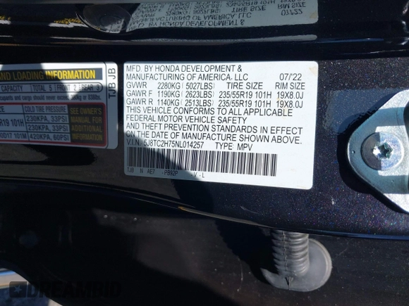 2022 Acura RDX Advance with VIN 5J8TC2H75NL014257, listed as a IAAI auction lot 42254859 with 24,825 mi miles and . Bid and sale history available at DreamBid. Image 9.