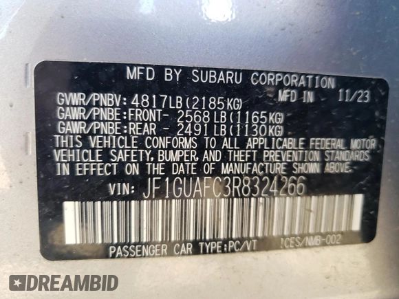 2024 Subaru Impreza Sport with VIN JF1GUAFC3R8324266, listed as a Copart auction lot 64261924 with 2,862 mi miles and Salvage Title. Bid and sale history available at carsss.com. Image 12.