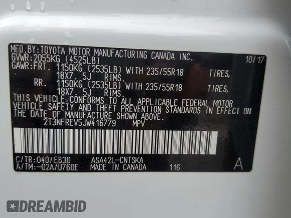 2018 Toyota RAV4 SE with VIN 2T3NFREV5JW416779, listed as a Copart auction lot 60283105 with 64,255 mi miles and Salvage title. Bid and sale history available at DreamBid. Image 13.