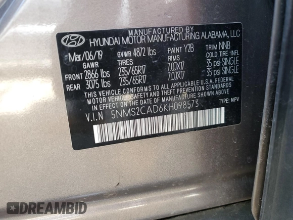 2019 Hyundai Santa Fe SE with VIN 5NMS2CAD6KH098573, listed as a Copart auction lot 47316305 with 68,394 mi miles and Salvage Title. Bid and sale history available at carsss.com. Image 13.