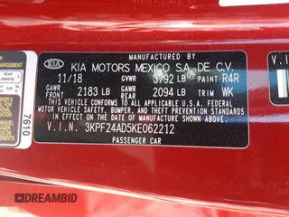 2019 Kia Forte LXS with VIN 3KPF24AD5KE062212, listed as a Copart auction lot 56735895 with 65,805 mi miles and Salvage title. Bid and sale history available at DreamBid. Image 12.